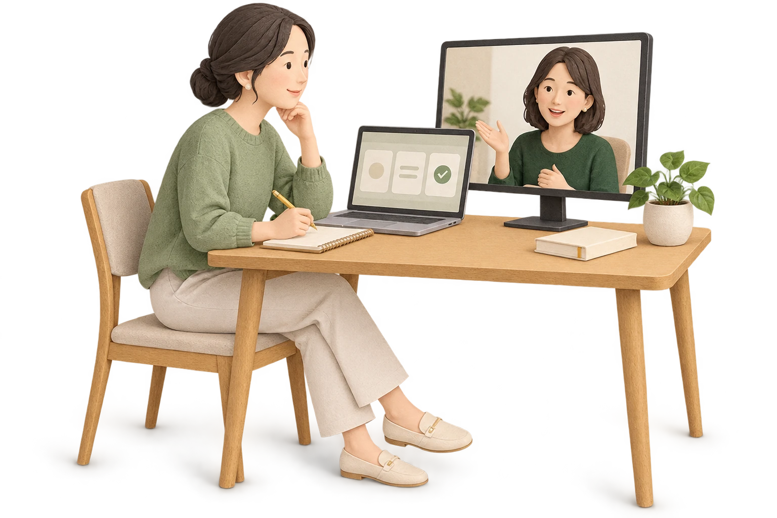 オンラインで講師と対話しながら、パソコンとノートで学ぶ受講者のイラスト